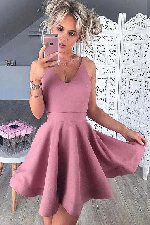 A Line Spaghetti Straps V Neck Blush Homecoming Dresses Satin Formal Dresses H1305