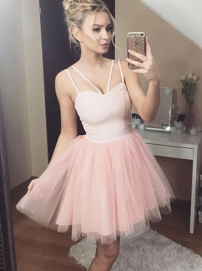 Charming Double Spaghetti Straps Blush Pink Tulle Short Homecoming Dress GM119