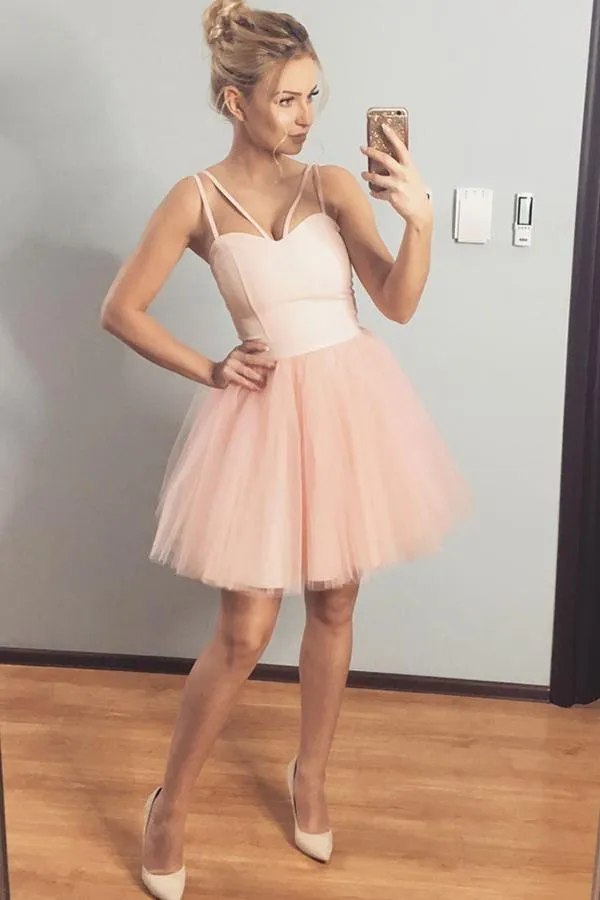Charming Double Spaghetti Straps Blush Pink Tulle Short Homecoming Dress GM119