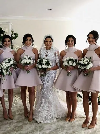 High Neck Satin Short Blush Short/Mini Bridesmaid Dresses with Bowknot PB181