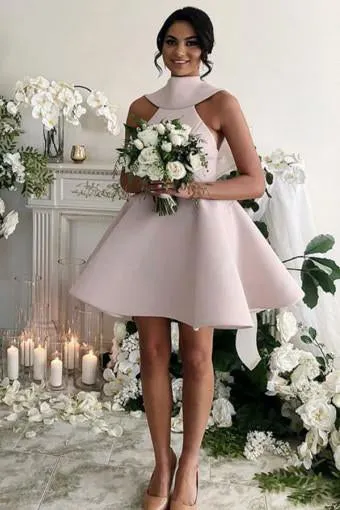 High Neck Satin Short Blush Short/Mini Bridesmaid Dresses with Bowknot PB181