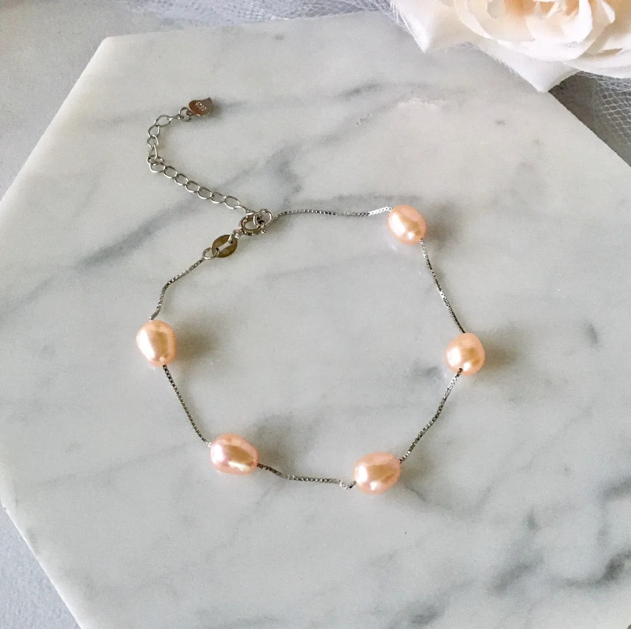 "Alegria" - Sterling Silver and Natural Pearl Bridal Bracelet - More Colors Available