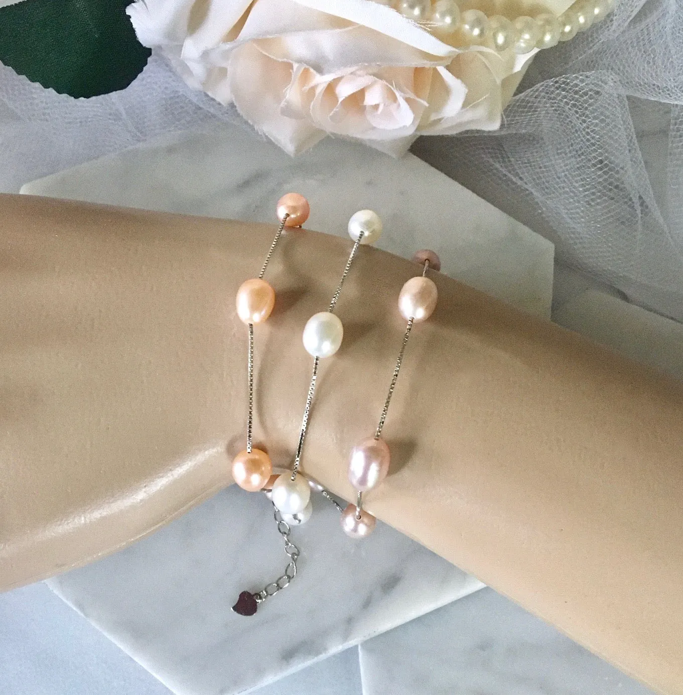 "Alegria" - Sterling Silver and Natural Pearl Bridal Bracelet - More Colors Available