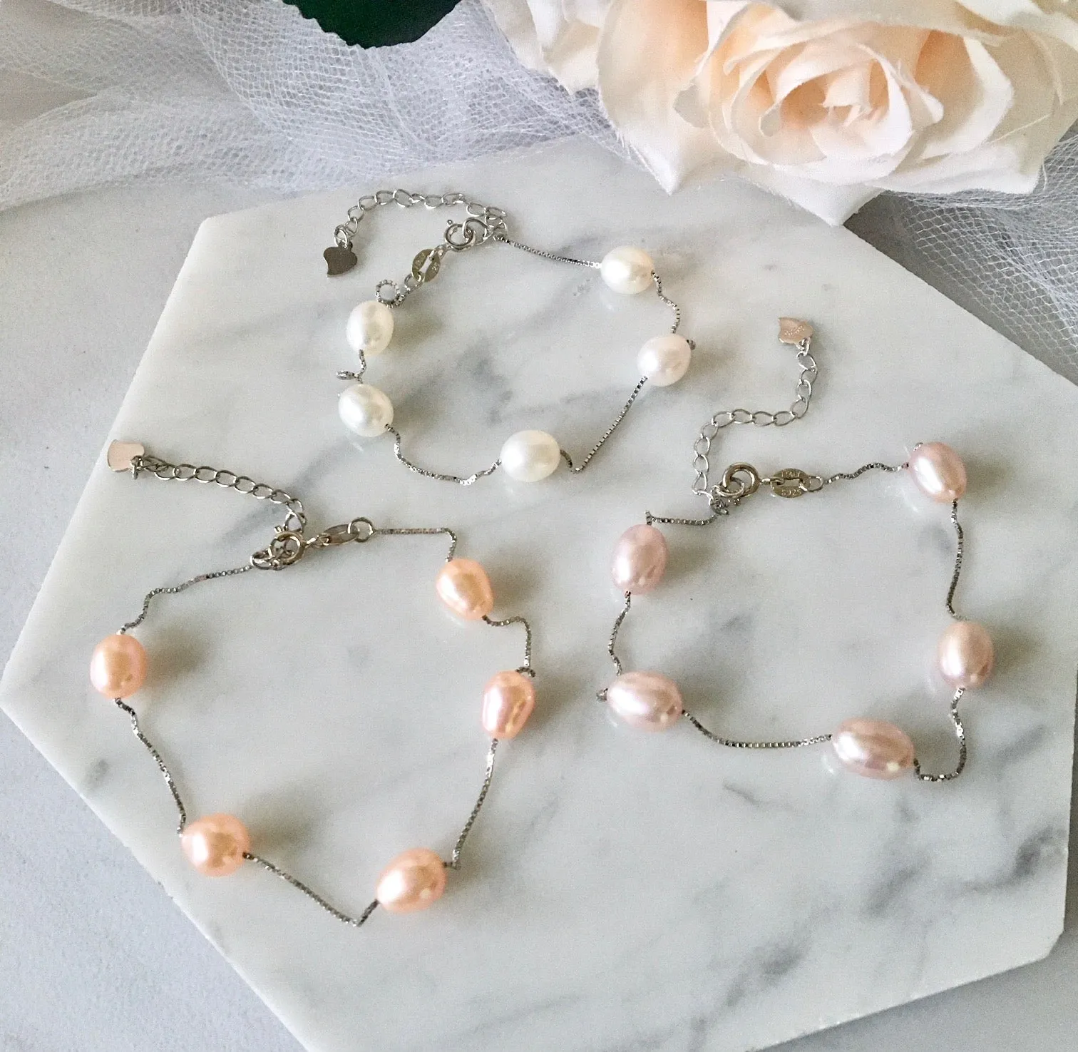 "Alegria" - Sterling Silver and Natural Pearl Bridal Bracelet - More Colors Available