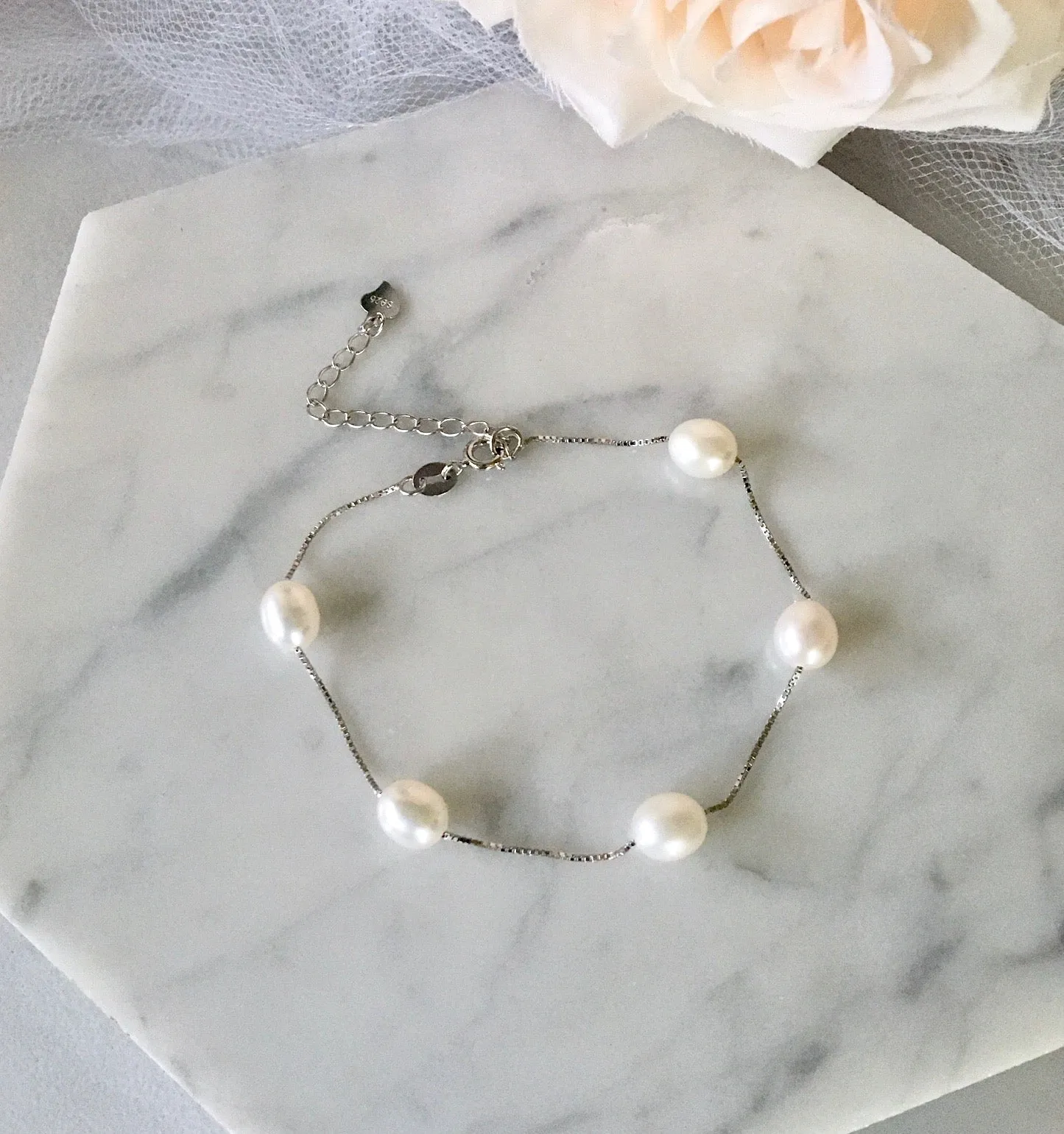 "Alegria" - Sterling Silver and Natural Pearl Bridal Bracelet - More Colors Available