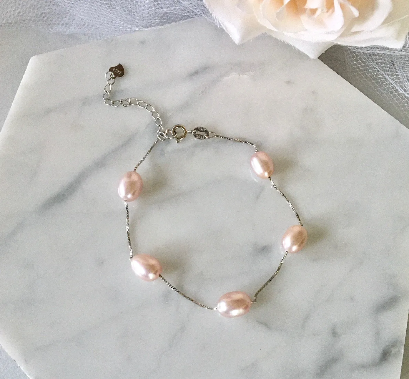 "Alegria" - Sterling Silver and Natural Pearl Bridal Bracelet - More Colors Available